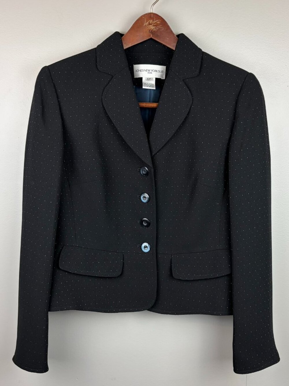 Jones New York Suit Black With Blue & Tan Specks Blazer NWT Size 10 Petite